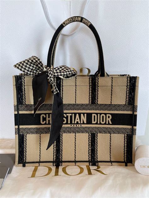 Small Black and Beige Bayadère Embroidered Dior Book Tote